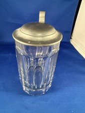 Vintage Clear Glass Beer Stein Tankard Hinged Pewter Lid Fluted Panels Barware picture