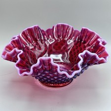 Fenton Plum Opalescent Hobnail Art Glass Bowl 9” Ribbon Edge USA 1959-1963 picture