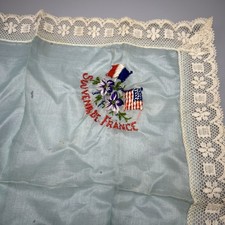 Antique WW1 Era French American Souvenir Silk Lace Embroidered Handkerchief picture