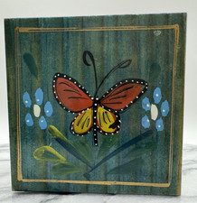 Vintage Hand Painted Butterfly Wood Trinket Box Enesco Mexico Folk Art picture