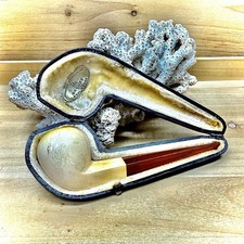 23g ANTIQUE QUAINT PPC DELUXE GENUINE MEERSCHAUM PIPE REAL AMBER STEM W/CASE picture