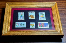 Vintage 1980s USPS LOVE Stamp Enamel Pins - Framed Set of 6 - Wood Frame Easel B picture