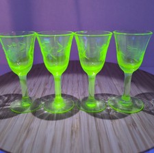 Vintage Green Uranium Glass Cordial Glasses Set 4 Etched Floral UV Glow 3.5 In picture