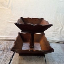 Vintage Two Tier SOLID Wood Tidbit Organizer Tray picture
