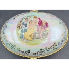 Vintage Porcelain Lusterware Trinket Box Oval Classical Scene Gold Heart Clasp picture
