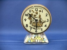 VINTAGE GLASS & TIN LYNNE CLOWN CLOCK BANK TOY CANDY CONTAINER CIRCA 1950 picture