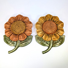 Vintage 1970s Pair Jamar Mallory Chalkware Flower Sunflower Wall Art Pocket MCM picture