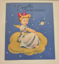 Vintage Birthday Card 1940s 1950s Angel Space Embossed Flocked Present Daughter picture
