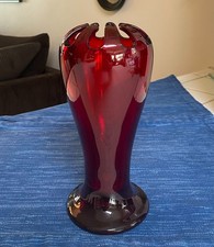 Vintage Antique Red Glass Slotted Flower Vase Art Nouveau Bulbous Old 9