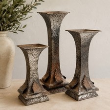 VTG Set 3 Ornate Mexican Hammered Pillar Candle Holders Distressed Silver Tone picture