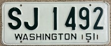 Beautiful New Old Stock 1951 San Juan County Washington License Plate SJ 1492 picture