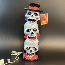 Vtg 1996 Paper Magic 18” Halloween Blow Mold Lighted Stacking Skulls Tower Works picture