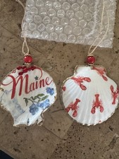 Decoupaged set of two seashell Ornaments with State of Maine and Lobsters picture