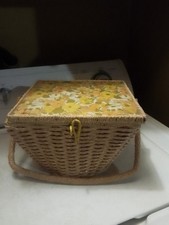 Vintage Dritz Wicker Sewing Basket With Yellow Floral Fabric Interior And... picture