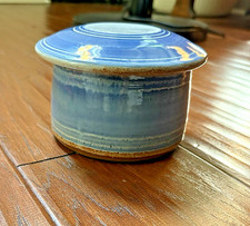 Antique Stoneware Butter Crock Blue With Lid Farmhouse Primitive picture
