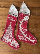 Pair Vintage 1940s 40s Christmas Felt Stocking Jingle Bells Santa Claus Reindeer picture