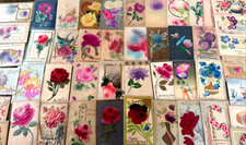 Big Lot of~60~Antique Postcards Airbrushed Velvet~Embossed Greetings ~in sleeves picture
