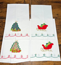 VTG Set Of 4 Lillian Vernon Cotton Embroidered Hand/Tea Towel Tree & Sleigh, VG. picture