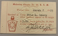 Royal Arch Masons (R.A.M.) Mahoning Chapter No. 66 (March 1923) Membership Card picture