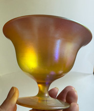 Antique L.C.T. Tiffany Favrile Glass Sherbet /Compote Bowl Iridescent Peach-Gold picture