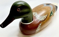 VTG Gatco HandPainted & Carved Mallard Duck Solid Oak Wood Glass Eyes 15” RARE picture