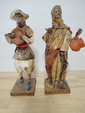 Vintage Mexican Paper Mache Folk Art  Figures Old Man & Old Woman On Wood Base  picture