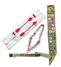 Vtg Boy Scout Sash With Merit Badges & Web Belt With Brass Loop Merit Awards picture