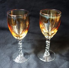 Pair Vintage Iridescent Amber Lustre Sherry Liqueur Glasses — Carnival Glass picture