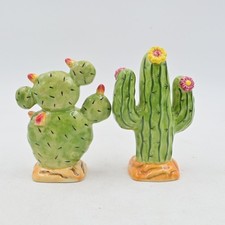 Clay Art Cactus Salt and Pepper Shakers Ceramic Cacti Green Flowers Vintage  picture