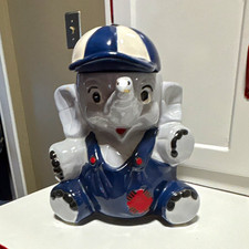 Ceramic Elephant Piggy Bank Coin Bank Blue & White Animal Theme picture