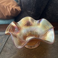 Vintage Marigold Carnival Glass Ruffled Bowl Iridescent Leaf Berry Pattern picture