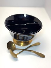 Black Glass Vintage Divided Bowl with Weighted Brass Base and Spoons 5” picture