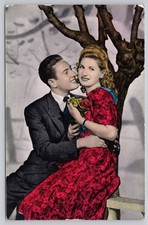 Vintage Postcard Romantic Couple Studio RPPC Italy 1940s Red Dress Hand Colored picture