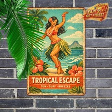 Aloha Waikiki Vintage Hawaiian Hula Girl Tin Sign 8x12 Tropical Wall Decor picture
