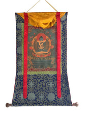 SAMANTABHADRA OLD OIL- VARNISHED TIBETAN THANGKA PAINTING  WITH SILK BROCADE picture