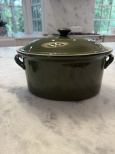 Vintage Hall Pottery Oval Baking Dish w/ Lid 102 Olive Green Deep Casserole picture
