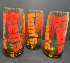 VTG 1970s Ken's Pizza Amber Glass Tumblers Set of 3 Orange Red Graphic Font picture