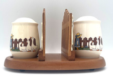 Vintage 1980s Country Geese Napkin Holder Salt & Pepper Shaker Wood Picket Fence picture