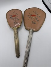 Vintage Ornate Floral Hand Mirror & Vanity Brush Set Pink Cream Gold Tone picture