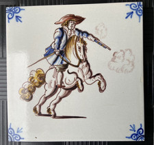 VTG Harlingen Delft Polychrome Hand Painted Cermaic Tile Horseman Musketeer picture