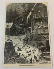 1876 magazine engraving~ CHRISTMAS IN NORWAY Feeding The Birds picture