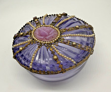 Vintage Art Nouveau Purple Glass Vanity Dresser Jar Jeweled Filigree Rose Lid picture