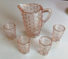 Vintage Pink Iridescent Hobnail Mini Pitcher & 4 Glasses 5 Pc Set picture