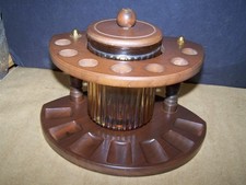 Vintage Dun-Rite 6 Pipe Stand Rack Walnut Glass Tobacco Holder Jar picture