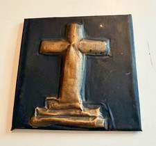 Vintage Hammered Copper Folk Metal Art Cross Picture Plaque Christianity 3” Sq picture