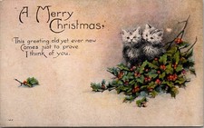 Vintage Christmas Postcard 1917 Two Fluffy Kittens Holly Richmond VA Posted picture
