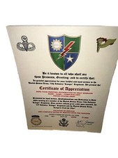 U.S. ARMY 75 RANGERS - 75TH RANGER INFANTRY REGT. / CERTIFICATE OF APPRECIATION picture