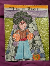 Vintage Style Halloween Greeting Card - Cute Lady w/ Pumpkin & Cat - Handmade picture