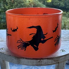 Vintage Halloween Indiana Glass Witch Bat Candy Jar No Lid 4” HazelAtlas Orange picture