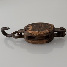 Vintage Nautical Wooden Pulley Block Tackle Sheave with Metal Hook picture